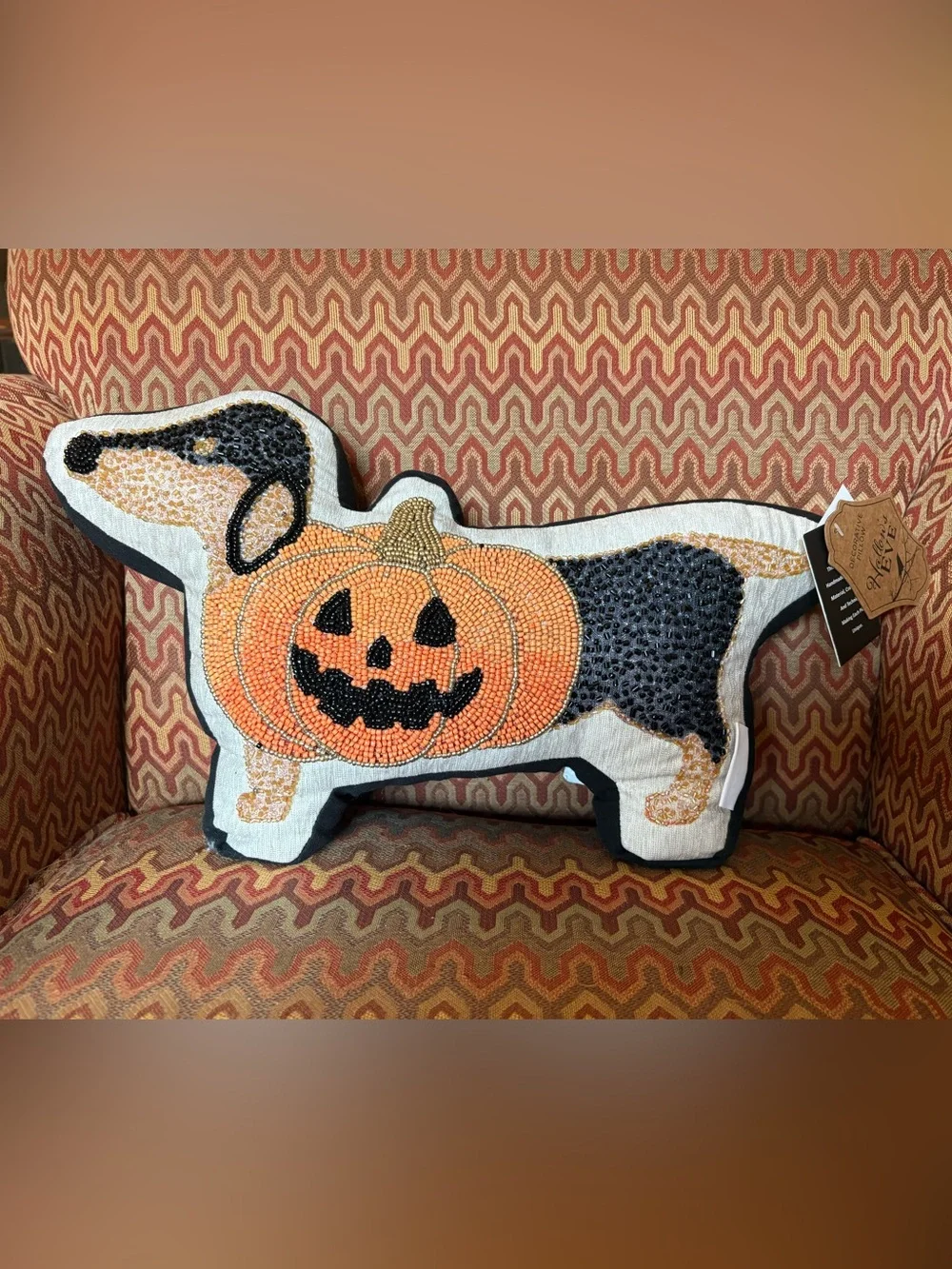 Decorative Dachshund Shaped Halloween Pumpkin Beaded Throw Pillow - Orange/Black